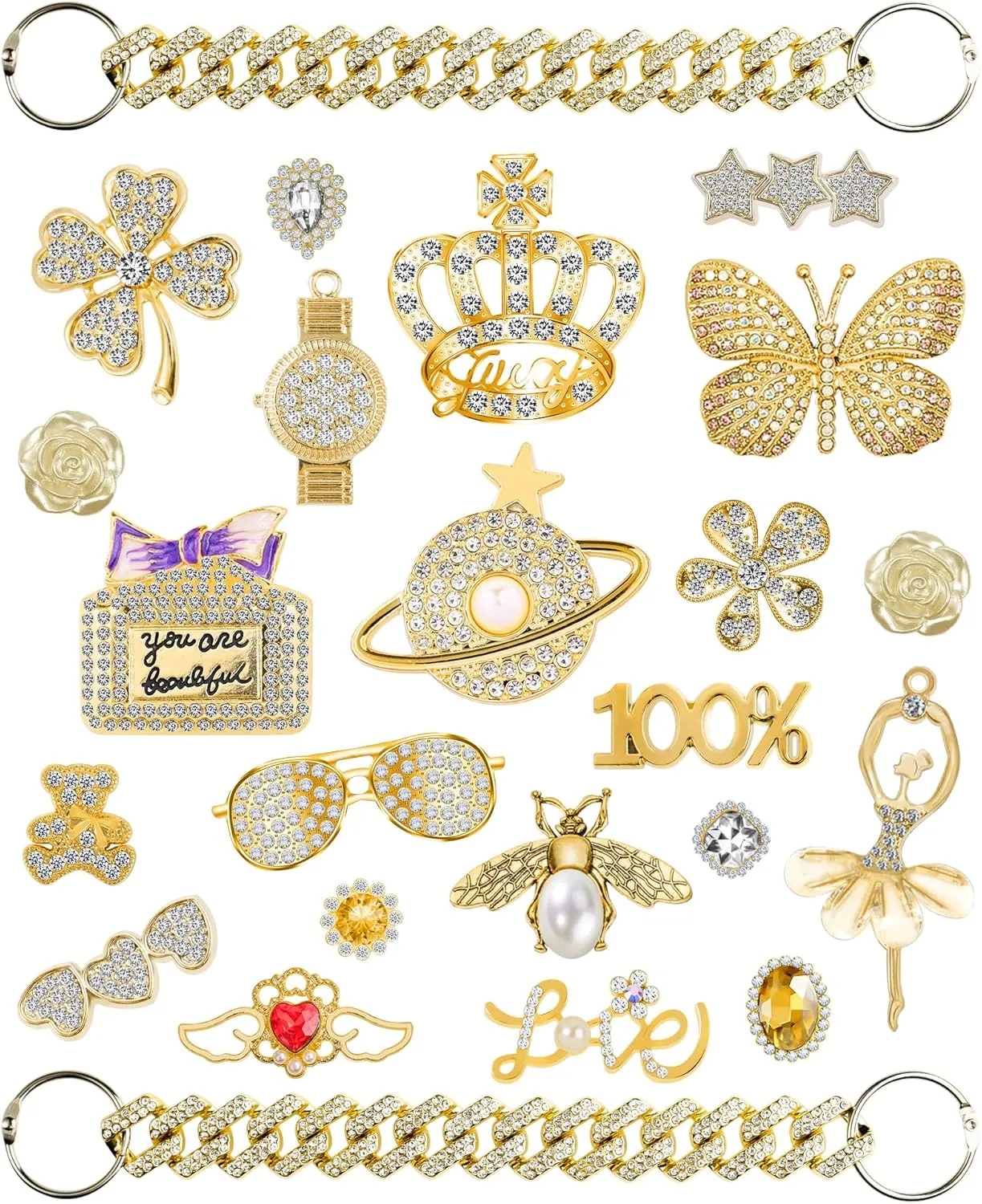 24Pcs Gold Bling Shoe Charms for Women,Designer Shoe Charms Crystal Jewelry Diamond Shoe Decoration Charms Pearl Gems Rhinestone Luxury Accessories Shoe Chain Charms