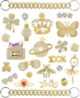 24Pcs Gold Bling Shoe Charms for Women,Designer Shoe Charms Crystal Jewelry Diamond Shoe Decoration Charms Pearl Gems Rhinestone Luxury Accessories Shoe Chain Charms