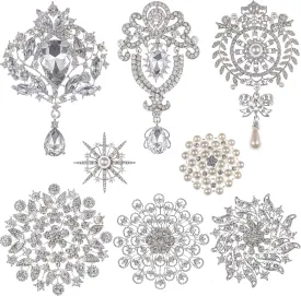 8 Pack Plated Assorted Crystal Rhinestones Brooch Pins Set for DIY Wedding Party Bouquets Embellishment Crafts Decor