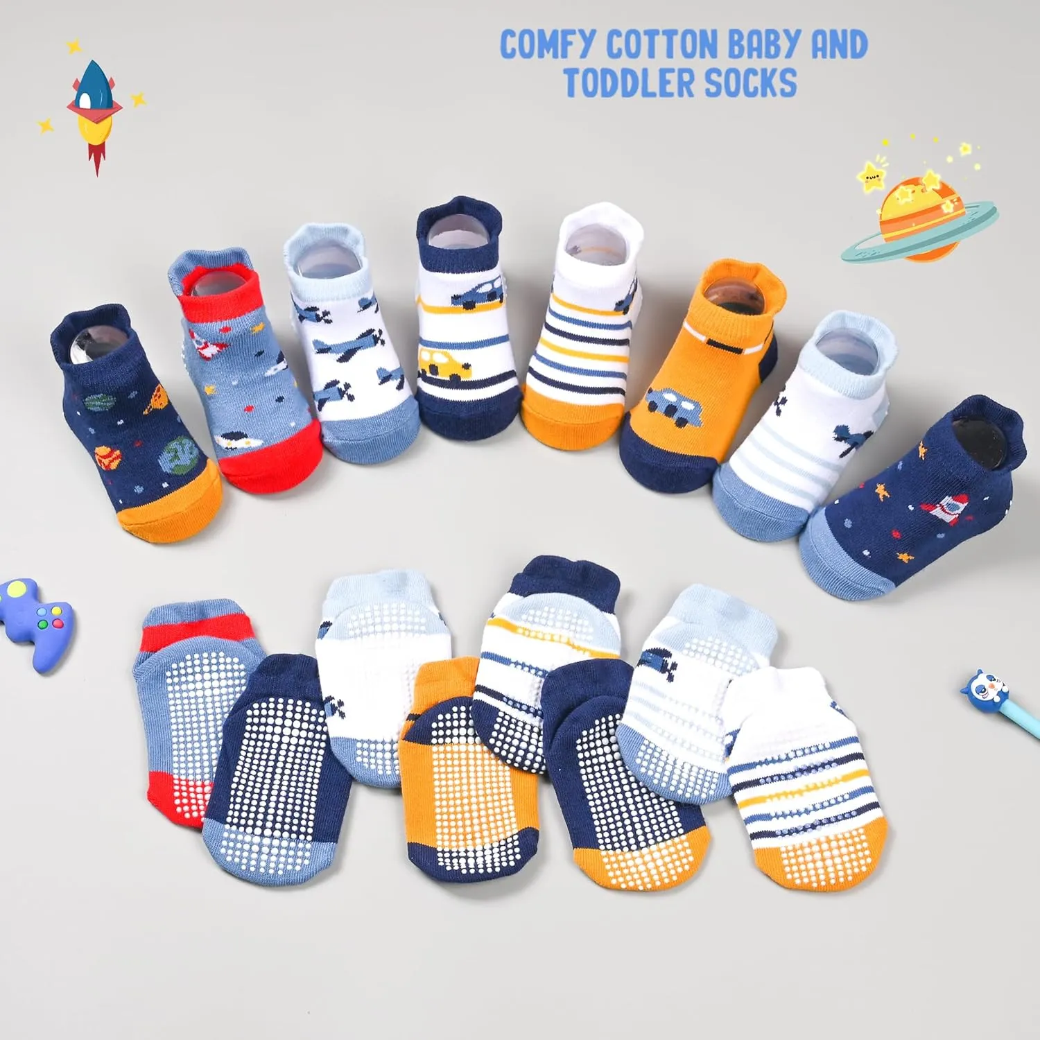 8 Pairs Toddler Gripper Socks, Non-Slip Breathable Cotton Socks for Kids Anti-skid Ankle Socks for Boys & Girls