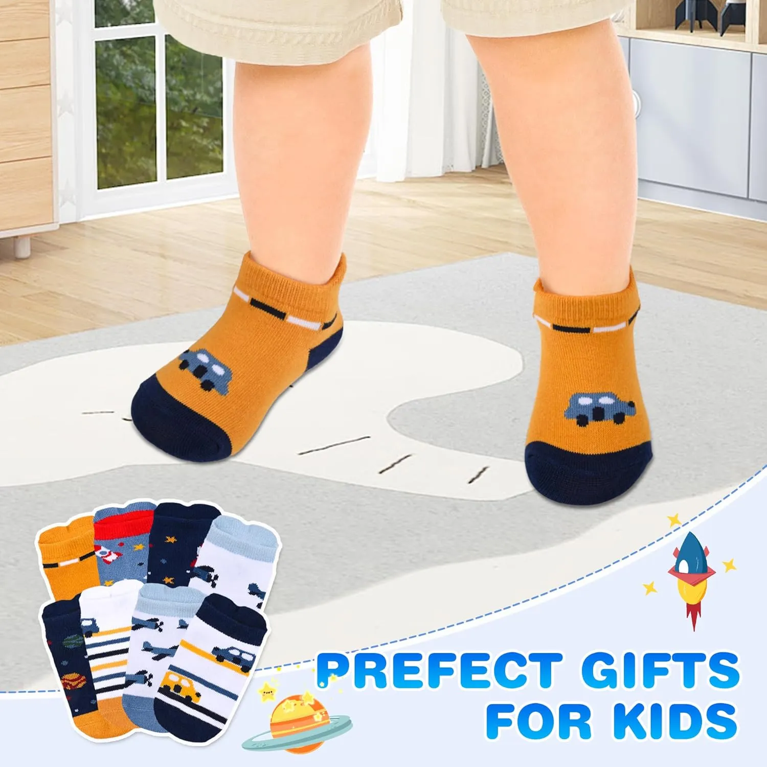 8 Pairs Toddler Gripper Socks, Non-Slip Breathable Cotton Socks for Kids Anti-skid Ankle Socks for Boys & Girls