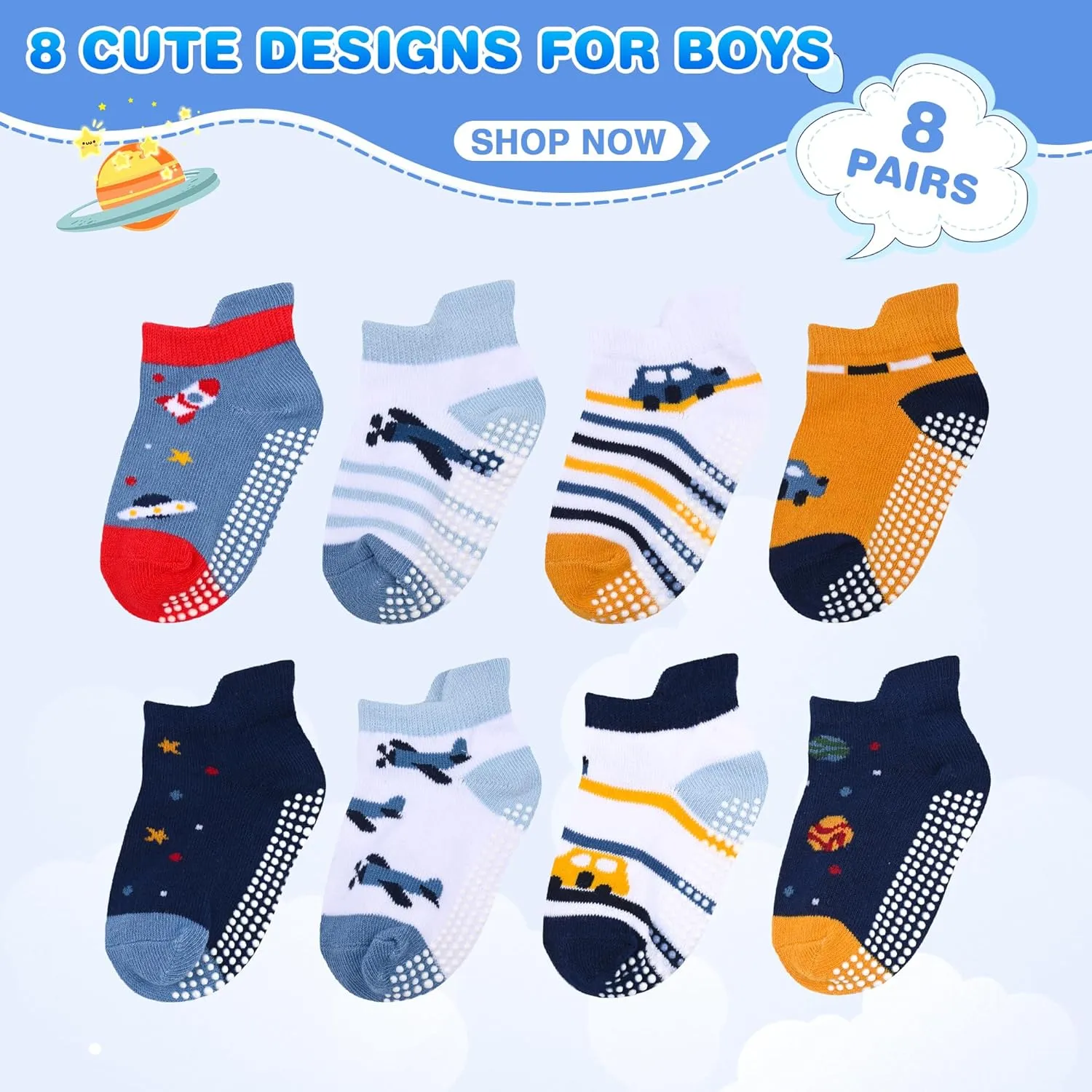 8 Pairs Toddler Gripper Socks, Non-Slip Breathable Cotton Socks for Kids Anti-skid Ankle Socks for Boys & Girls
