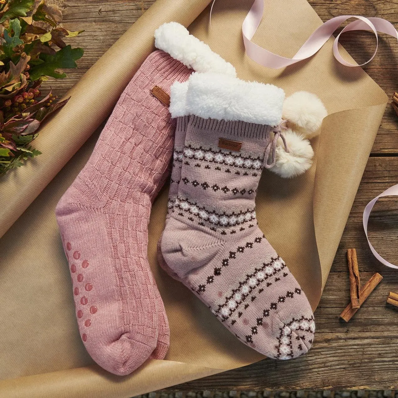 Barbour Cable Knit Lounge Socks In Dusty Pink