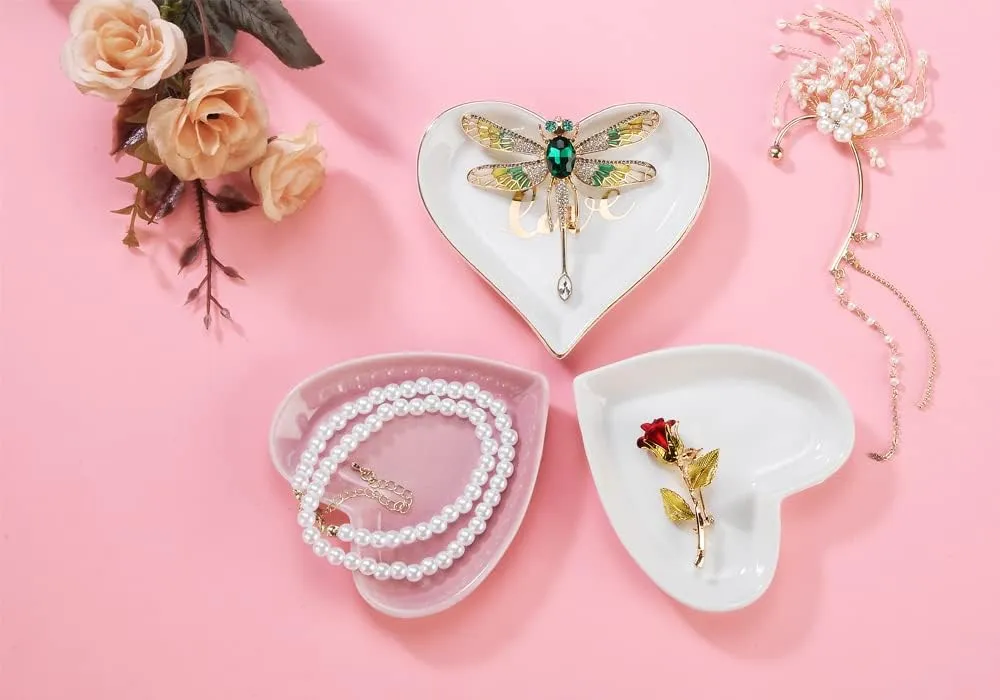 Blank Engagement Wedding Ring Dish for Newlyweds, Heart Shaped Home Decor, Ceramic Jewelry Holder Trays-Sweet Gift for Women, NO ROSE, White.