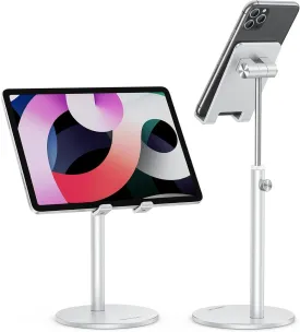Cell Phone Stand, OMOTON Angle Height Adjustable Aluminum Phone Holder for Desk, for iPhone 16 Pro Max Plus, Tablets(4-11''), Silver