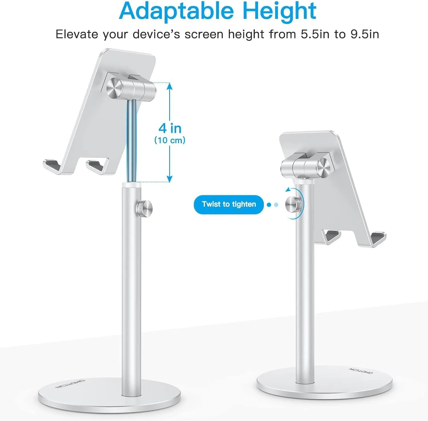 Cell Phone Stand, OMOTON Angle Height Adjustable Aluminum Phone Holder for Desk, for iPhone 16 Pro Max Plus, Tablets(4-11''), Silver