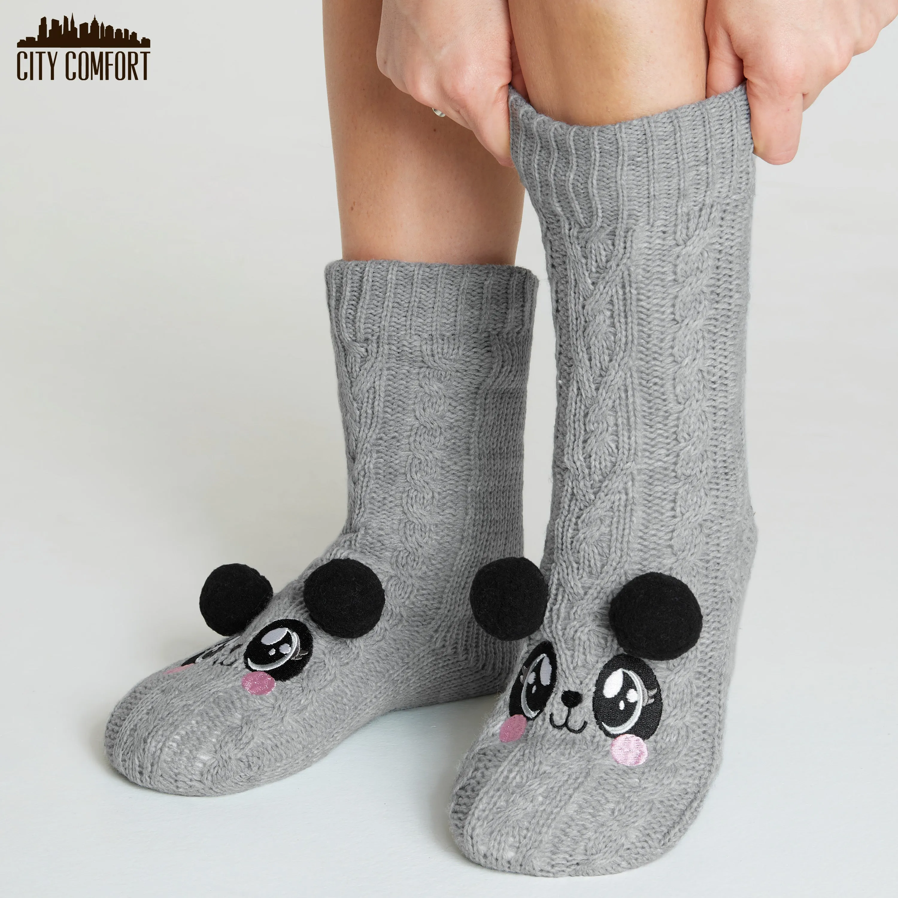 CityComfort Fluffy Socks for Women - GRAY PANDA