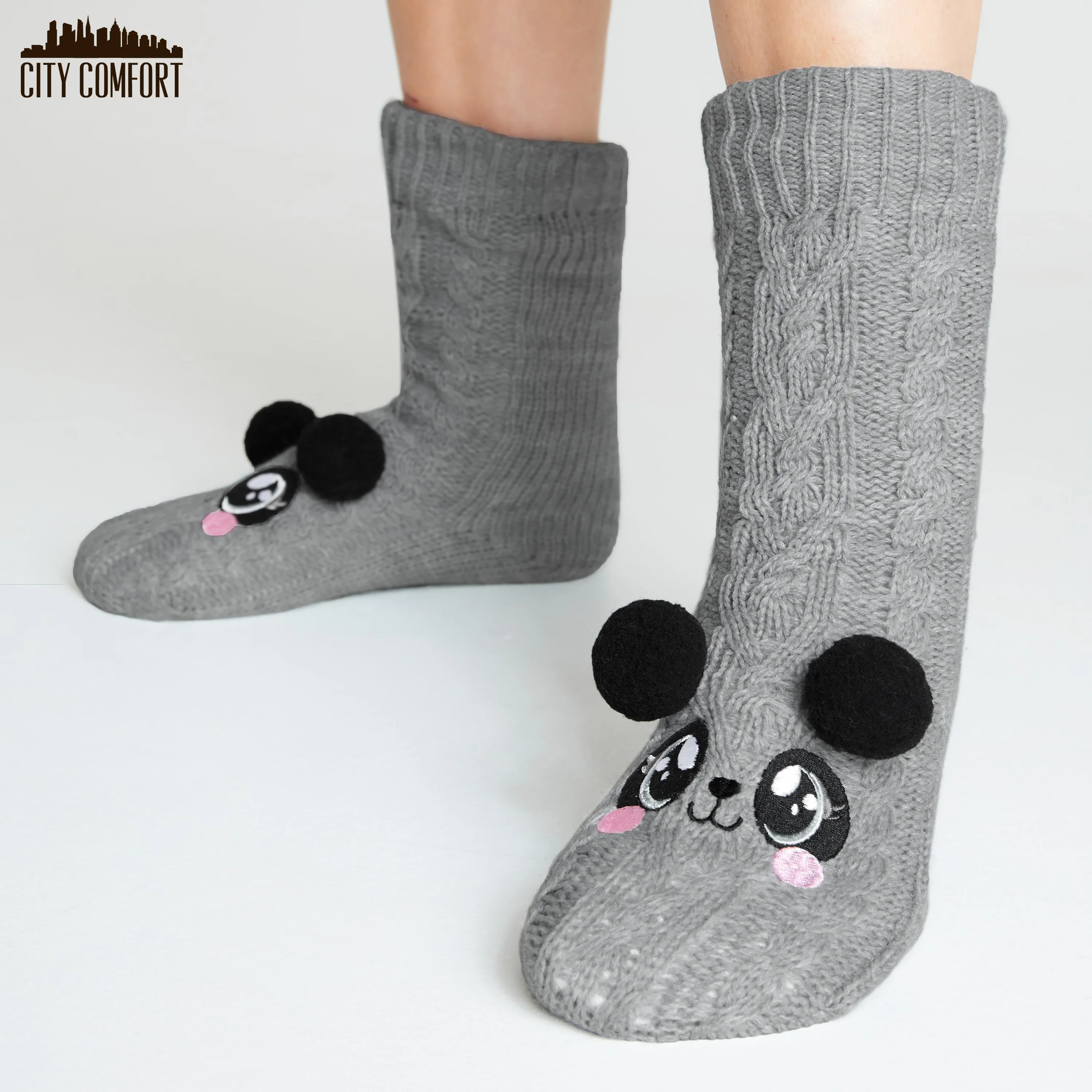 CityComfort Fluffy Socks for Women - GRAY PANDA
