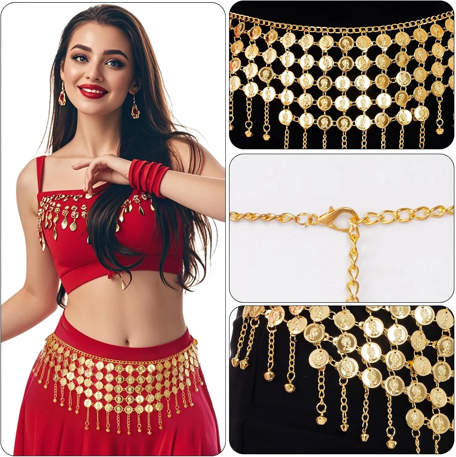 Coins Belly Dance Hip Scarf Belt Belly Dancing Coins Skirts Chain Belt for Bellydance Halloween Costume Accessory