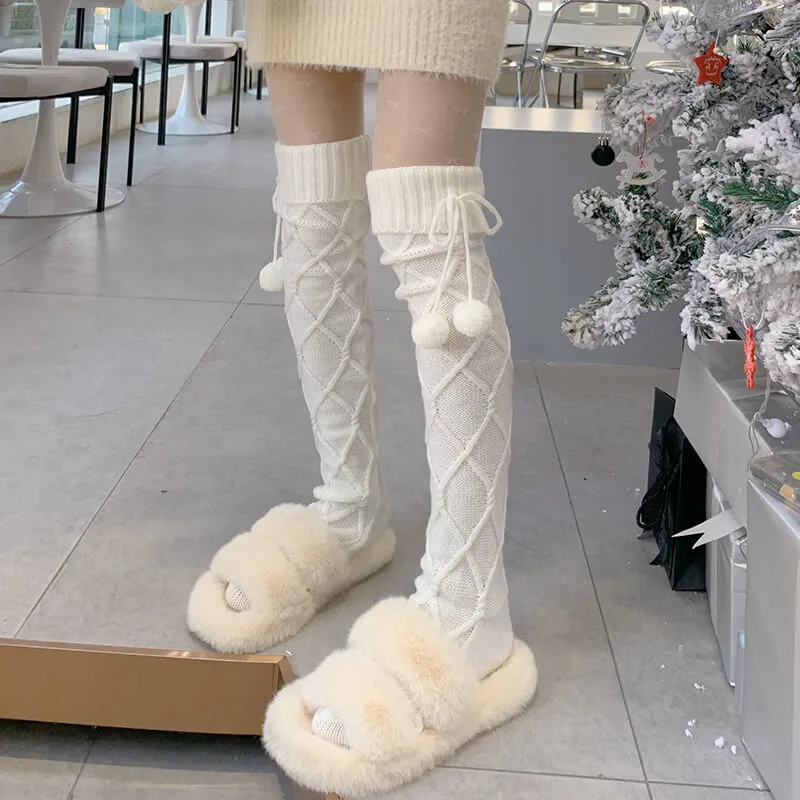 Fluffy warm pompon stockings