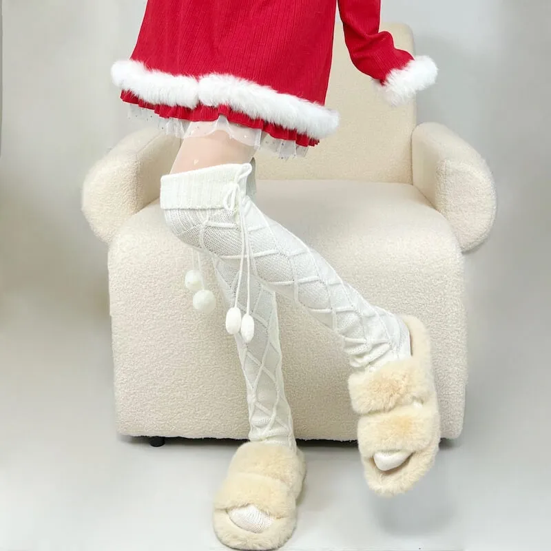 Fluffy warm pompon stockings