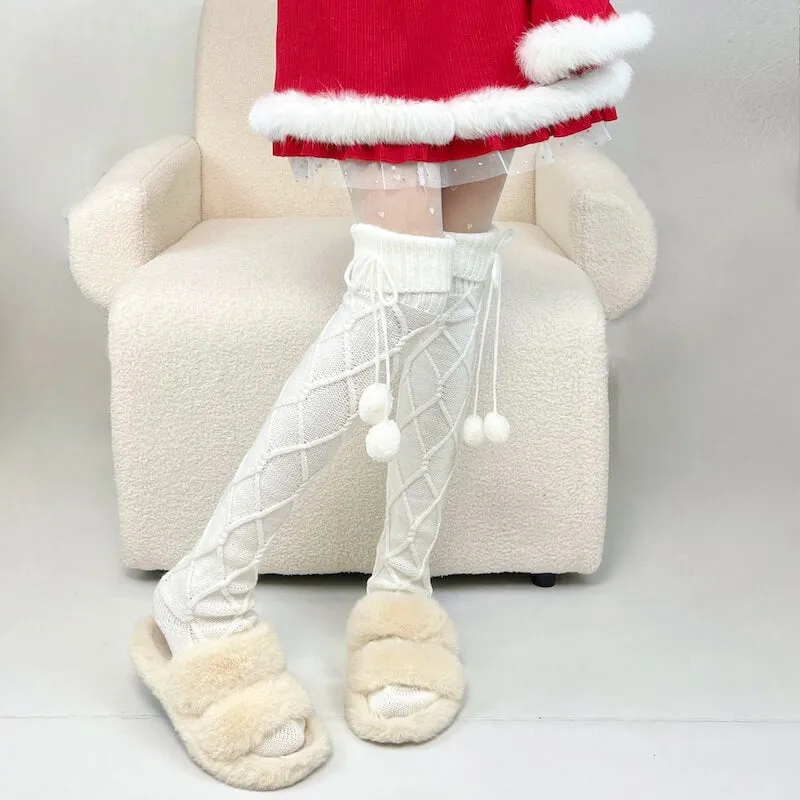 Fluffy warm pompon stockings