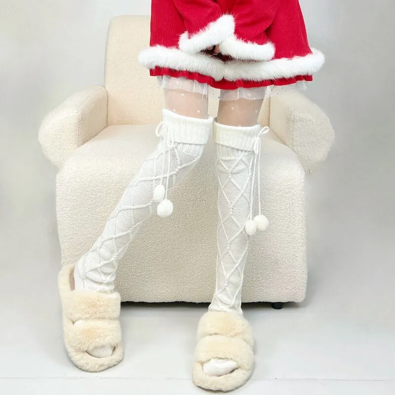 Fluffy warm pompon stockings