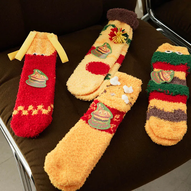 Gift Box Set Fun Burger Series Cozy Tube Socks by Sweetnana - Women's Funny Socks Winter Warm Fuzzy Socks, Thickened Soft Crew Socks.
