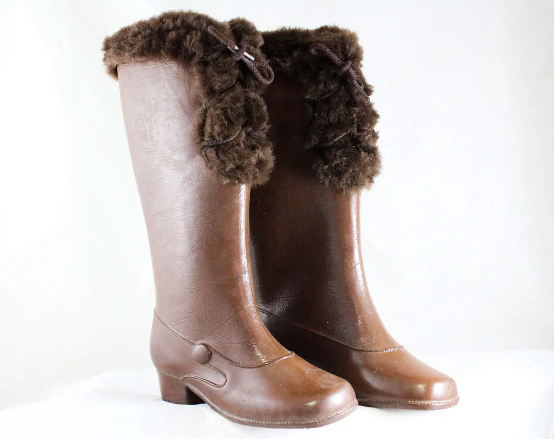 Girls Victorian Style Boots - Child Size 11 - 1950s 60s with Antique Look - Brown Faux Fur Lace Up Waterproof Rain Shoe - NOS Deadstock