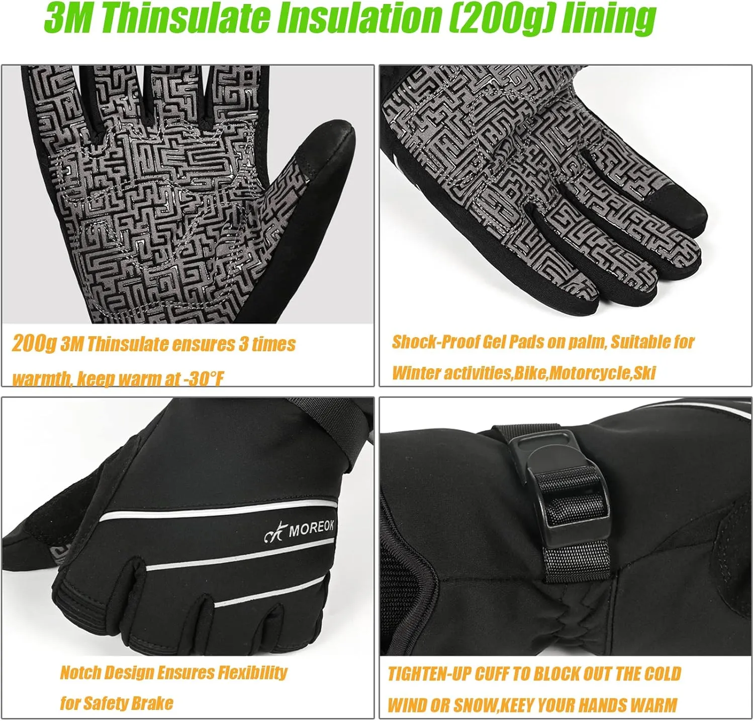 MOREOK Waterproof & Windproof -30F Winter Gloves for Men/Women, 3M Thinsulate Thermal Gloves Touch Screen Warm Gloves for Skiing,Cycling,Motorcycle,Running
