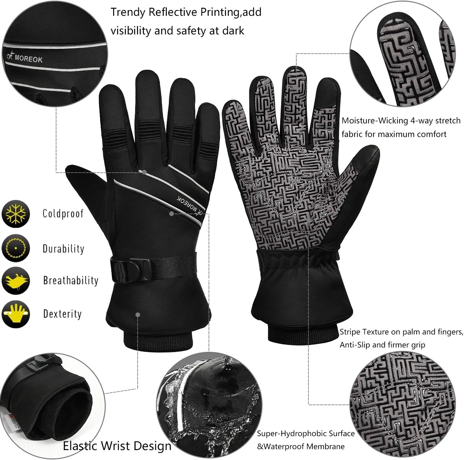MOREOK Waterproof & Windproof -30F Winter Gloves for Men/Women, 3M Thinsulate Thermal Gloves Touch Screen Warm Gloves for Skiing,Cycling,Motorcycle,Running