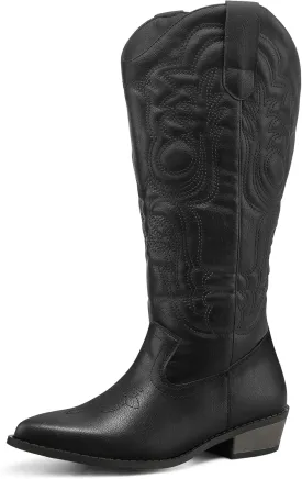 mysoft Women's Wide Calf Cowboy Boots Pull on Cowgirl Embroidered Mid Calf Pointed Toe Chunky Heel Western Boots