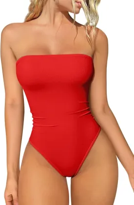 OQQ Womens Tube Bodysuits Strapless Basic Sleeveless Ruched Stretch Classic-Fit Tops Sexy Bodysuits