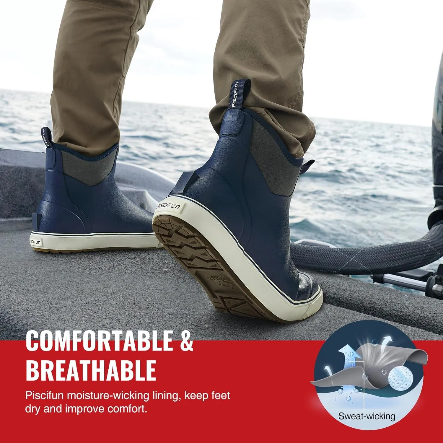Piscifun Men s Deck Boots, Waterproof Fishing Rain Boots, Anti-Slip Rubber Boots with Breathable Neoprene Lining