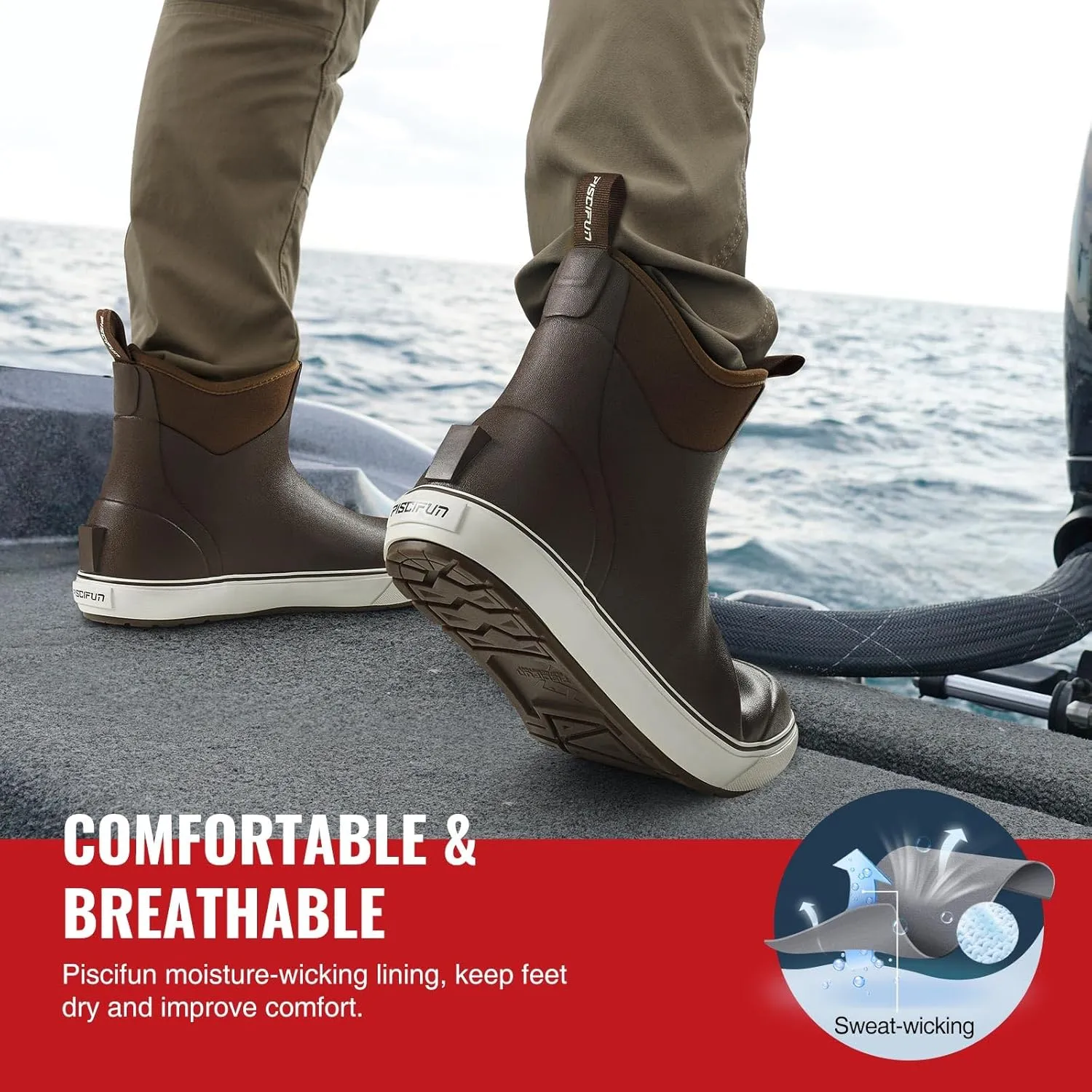 Piscifun Men s Deck Boots, Waterproof Fishing Rain Boots, Anti-Slip Rubber Boots with Breathable Neoprene Lining