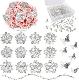 Rhinestone Brooches Bouquet Pins Corsage Crystal Brooch Diamond Pins Kits for Wedding Accessories Jewelry Decoration DIY Craft Sewing(Gold)
