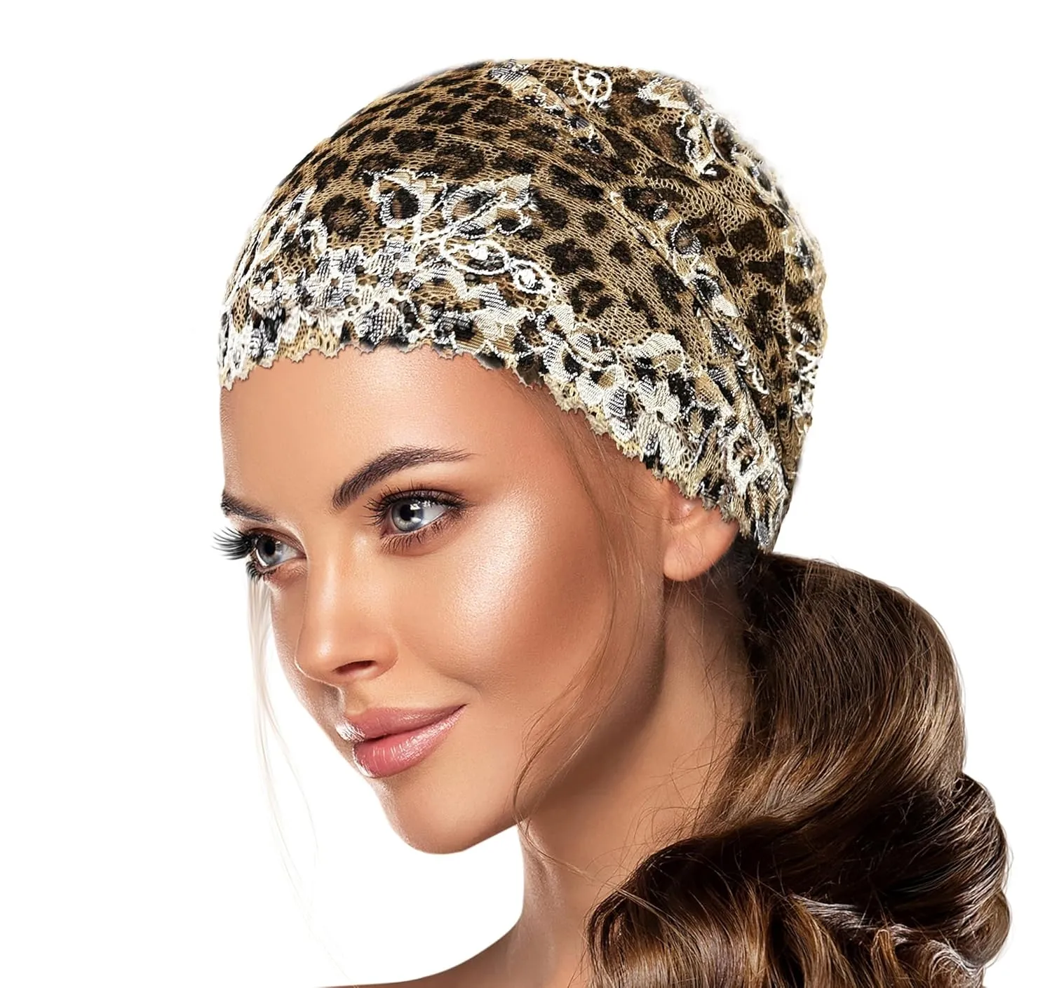 ShariRose Black Cheetah Lace Headband White Floral Stretchy Wide Lace Hair Band Great Coverage Head Cover Handmade (Black cheetah)