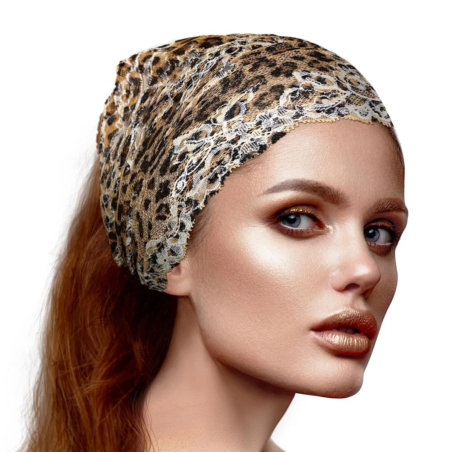 ShariRose Black Cheetah Lace Headband White Floral Stretchy Wide Lace Hair Band Great Coverage Head Cover Handmade (Black cheetah)