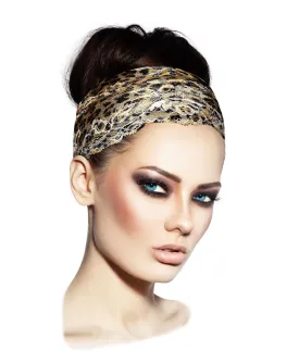 ShariRose Black Cheetah Lace Headband White Floral Stretchy Wide Lace Hair Band Great Coverage Head Cover Handmade (Black cheetah)