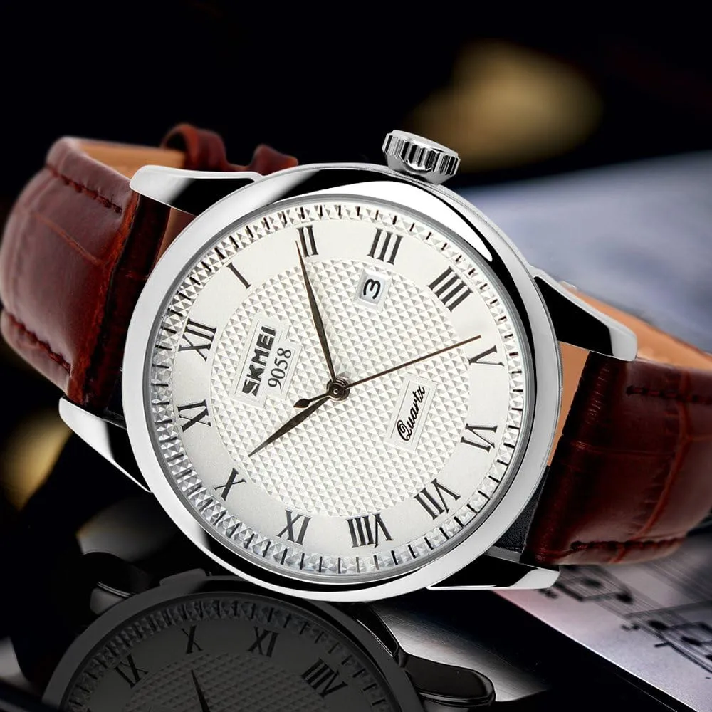SKMEI Business Mens Quartz Wristwatches Roman Numeral Leather Band Casual Water Resist Analog Watches