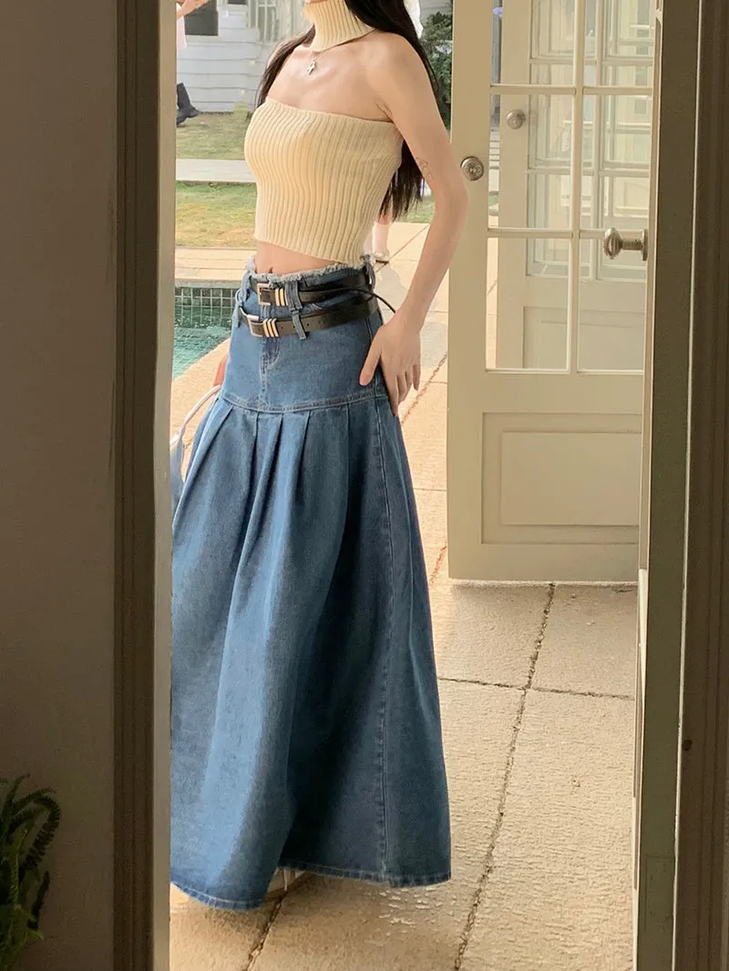 Summer Fashion Cute Trendy Retro High Waist A-line Denim Long Pleated Skirt