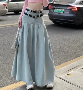 Summer Fashion Cute Trendy Retro High Waist A-line Denim Long Pleated Skirt