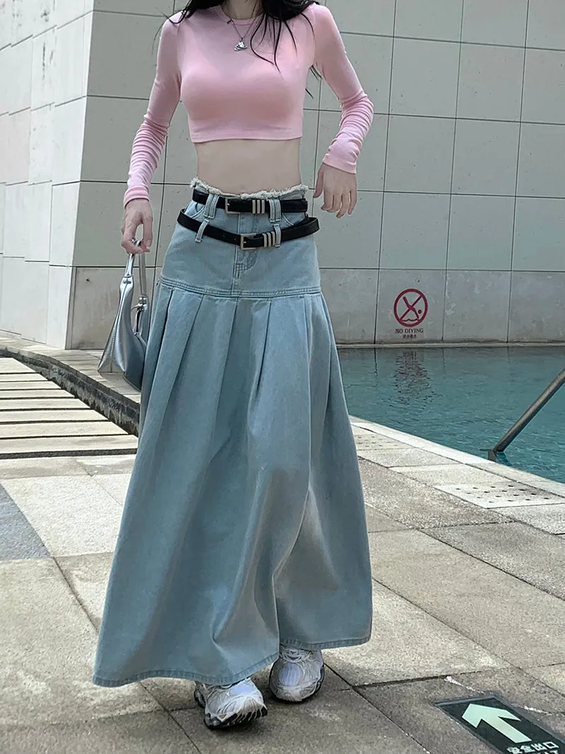 Summer Fashion Cute Trendy Retro High Waist A-line Denim Long Pleated Skirt