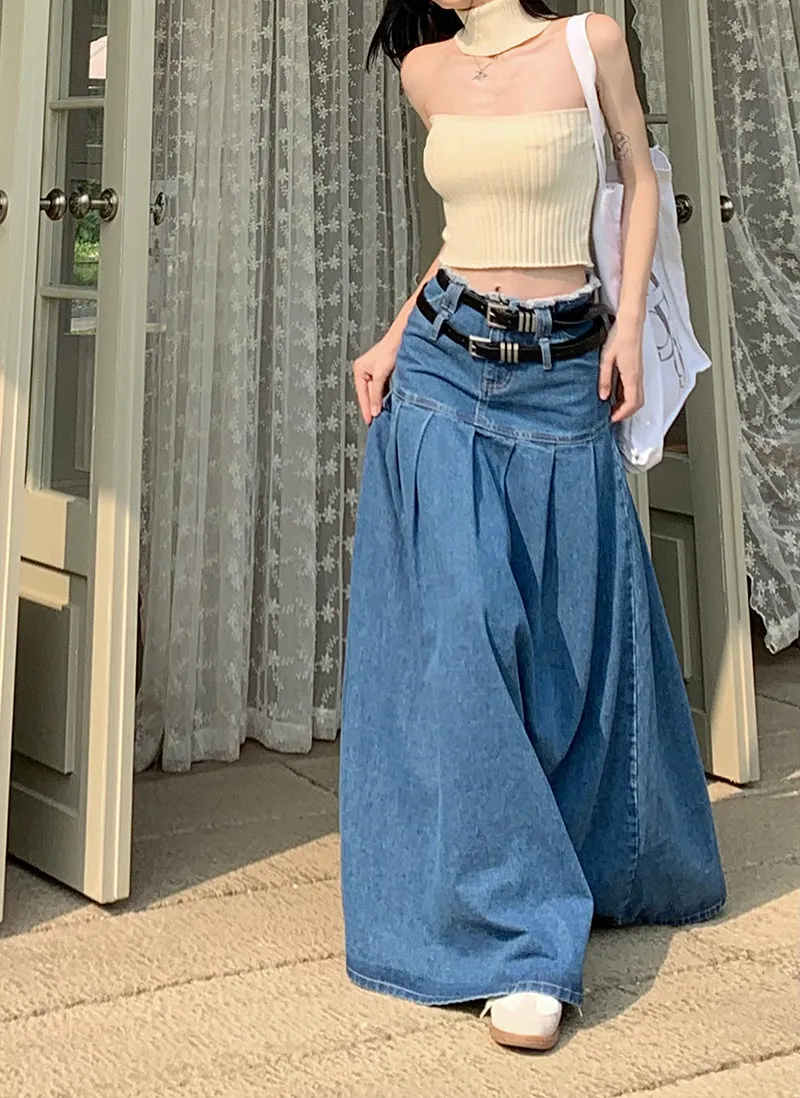 Summer Fashion Cute Trendy Retro High Waist A-line Denim Long Pleated Skirt