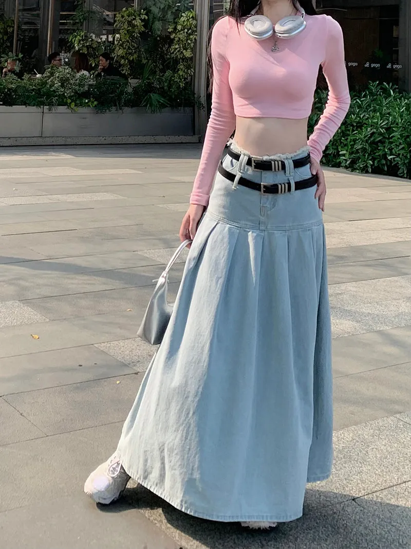 Summer Fashion Cute Trendy Retro High Waist A-line Denim Long Pleated Skirt