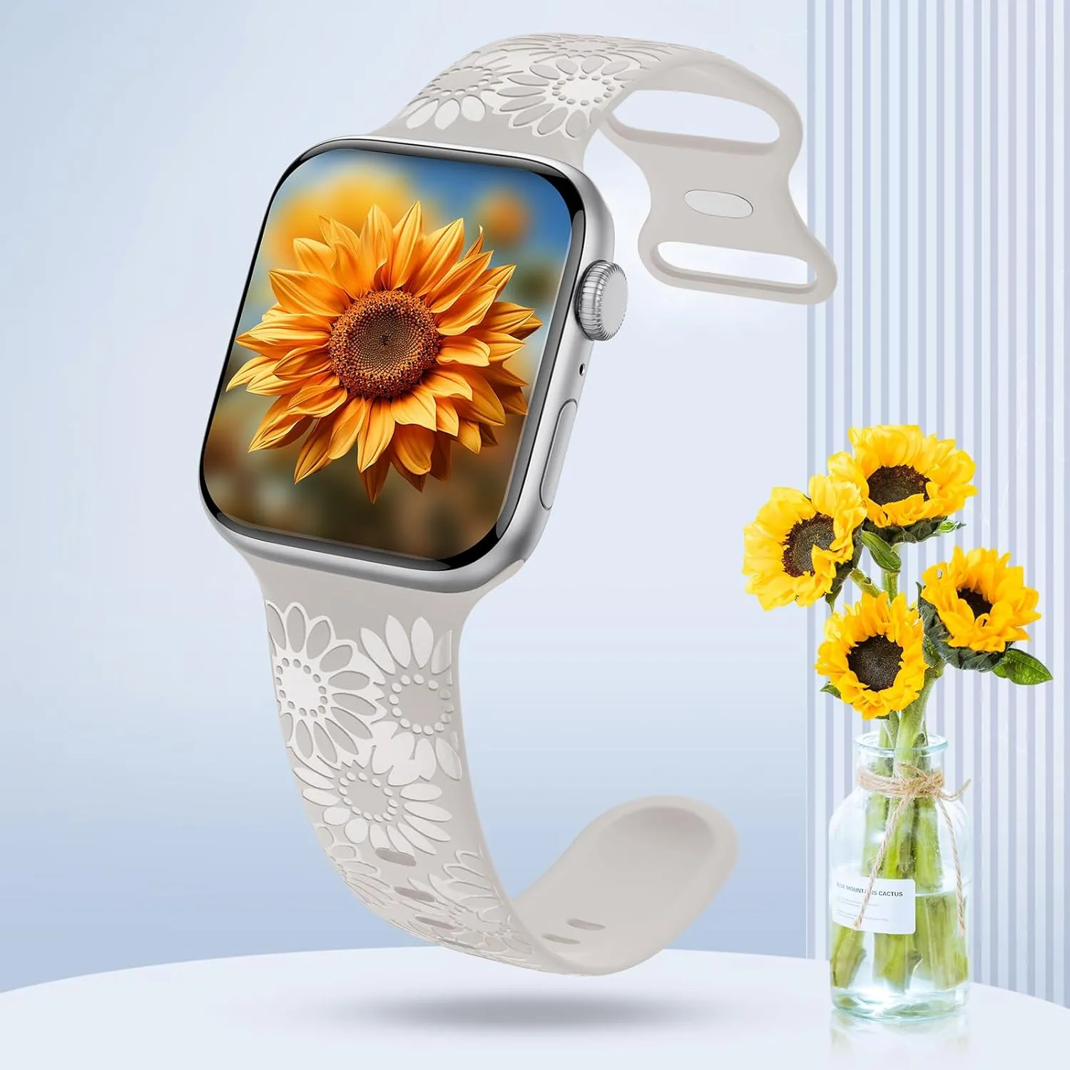 Sunflower Engraved Band Compatible with Apple Watch Bands 38mm 40mm 41mm 42mm 44mm 45mm 49mm Women, Designer Soft Glossy Floral Silicone Strap for iWatch Series Ultra 9 8 7 6 SE 5 4 3 2 1