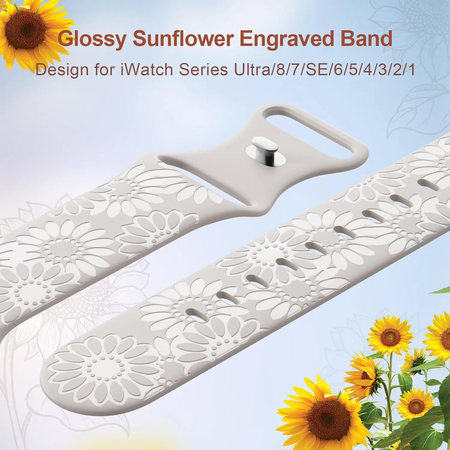 Sunflower Engraved Band Compatible with Apple Watch Bands 38mm 40mm 41mm 42mm 44mm 45mm 49mm Women, Designer Soft Glossy Floral Silicone Strap for iWatch Series Ultra 9 8 7 6 SE 5 4 3 2 1