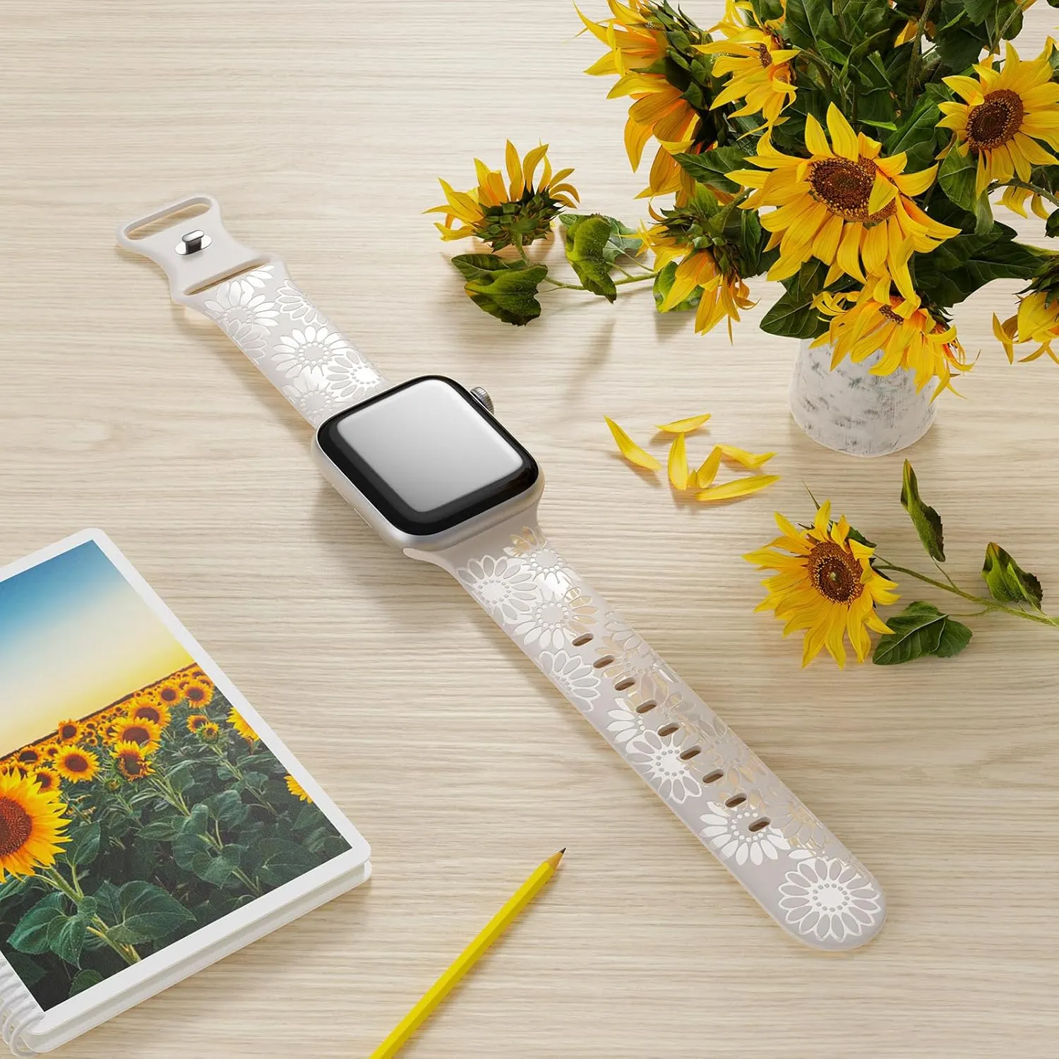 Sunflower Engraved Band Compatible with Apple Watch Bands 38mm 40mm 41mm 42mm 44mm 45mm 49mm Women, Designer Soft Glossy Floral Silicone Strap for iWatch Series Ultra 9 8 7 6 SE 5 4 3 2 1