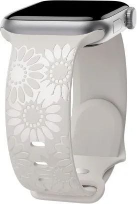 Sunflower Engraved Band Compatible with Apple Watch Bands 38mm 40mm 41mm 42mm 44mm 45mm 49mm Women, Designer Soft Glossy Floral Silicone Strap for iWatch Series Ultra 9 8 7 6 SE 5 4 3 2 1
