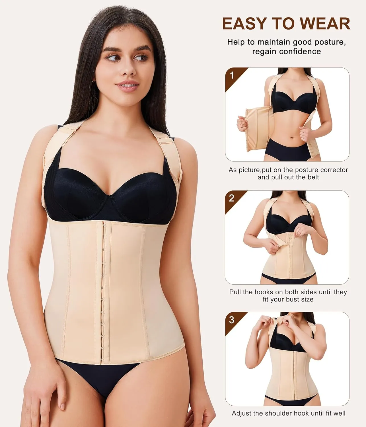 URSEXYLY Back Brace Posture Corrector for Women Adjustable Full Back Support Shoulder Straightener Upper and Lower Back Pain Relief(Beige,L)