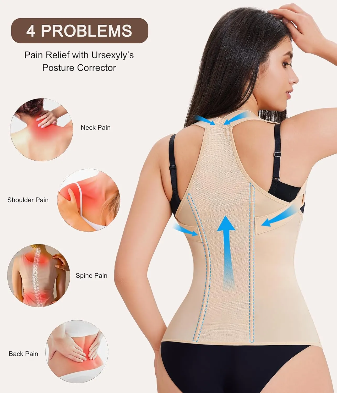 URSEXYLY Back Brace Posture Corrector for Women Adjustable Full Back Support Shoulder Straightener Upper and Lower Back Pain Relief(Beige,L)