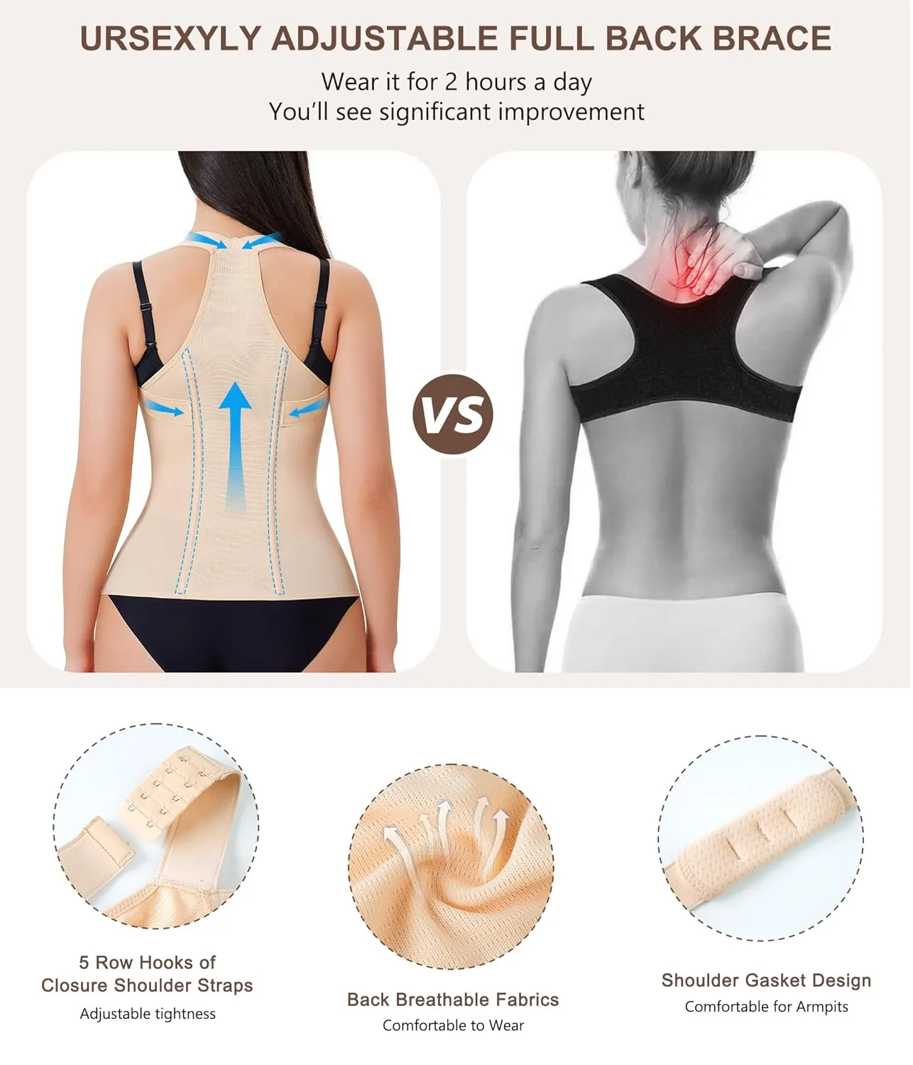 URSEXYLY Back Brace Posture Corrector for Women Adjustable Full Back Support Shoulder Straightener Upper and Lower Back Pain Relief(Beige,L)