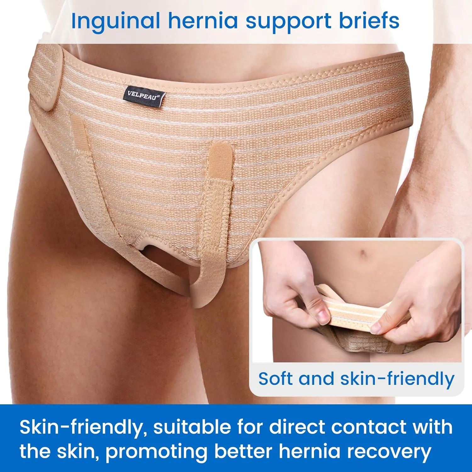 VELPEAU Hernia Belt for Men & Women - Bilateral/Double Inguinal, Groin Hernia Support Truss Underwear Briefs, Pain Relief Recovery Adjustable Strap with 2 Removable Medical Compression Pads (Khaki, S)