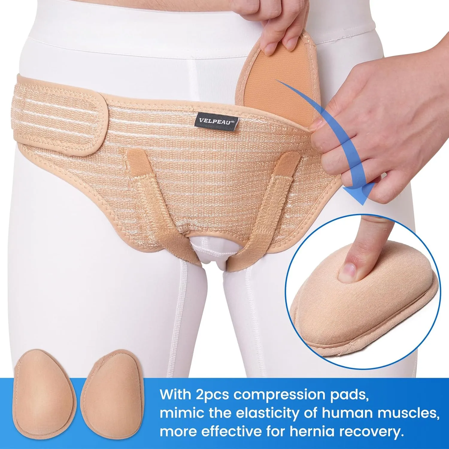 VELPEAU Hernia Belt for Men & Women - Bilateral/Double Inguinal, Groin Hernia Support Truss Underwear Briefs, Pain Relief Recovery Adjustable Strap with 2 Removable Medical Compression Pads (Khaki, S)