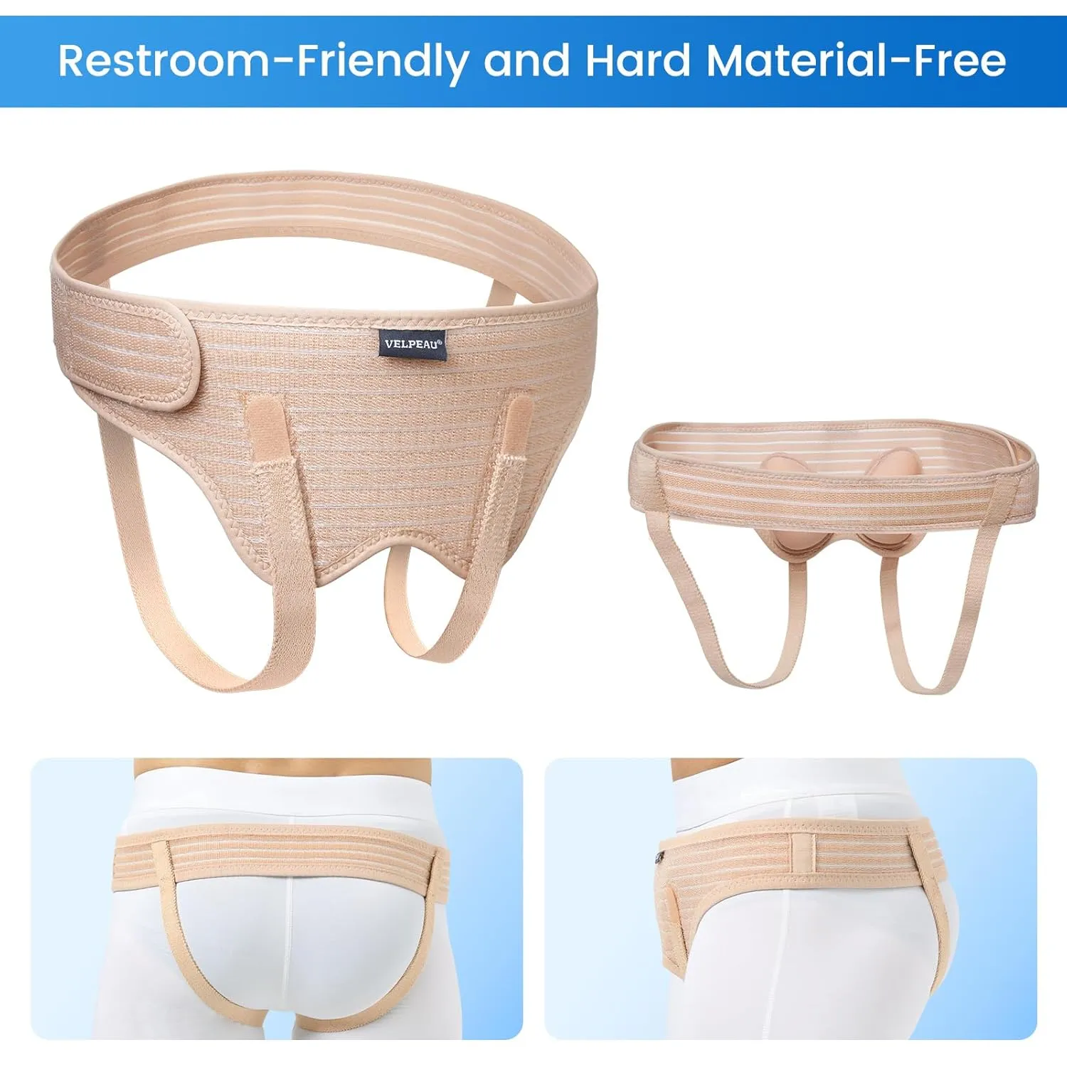 VELPEAU Hernia Belt for Men & Women - Bilateral/Double Inguinal, Groin Hernia Support Truss Underwear Briefs, Pain Relief Recovery Adjustable Strap with 2 Removable Medical Compression Pads (Khaki, S)
