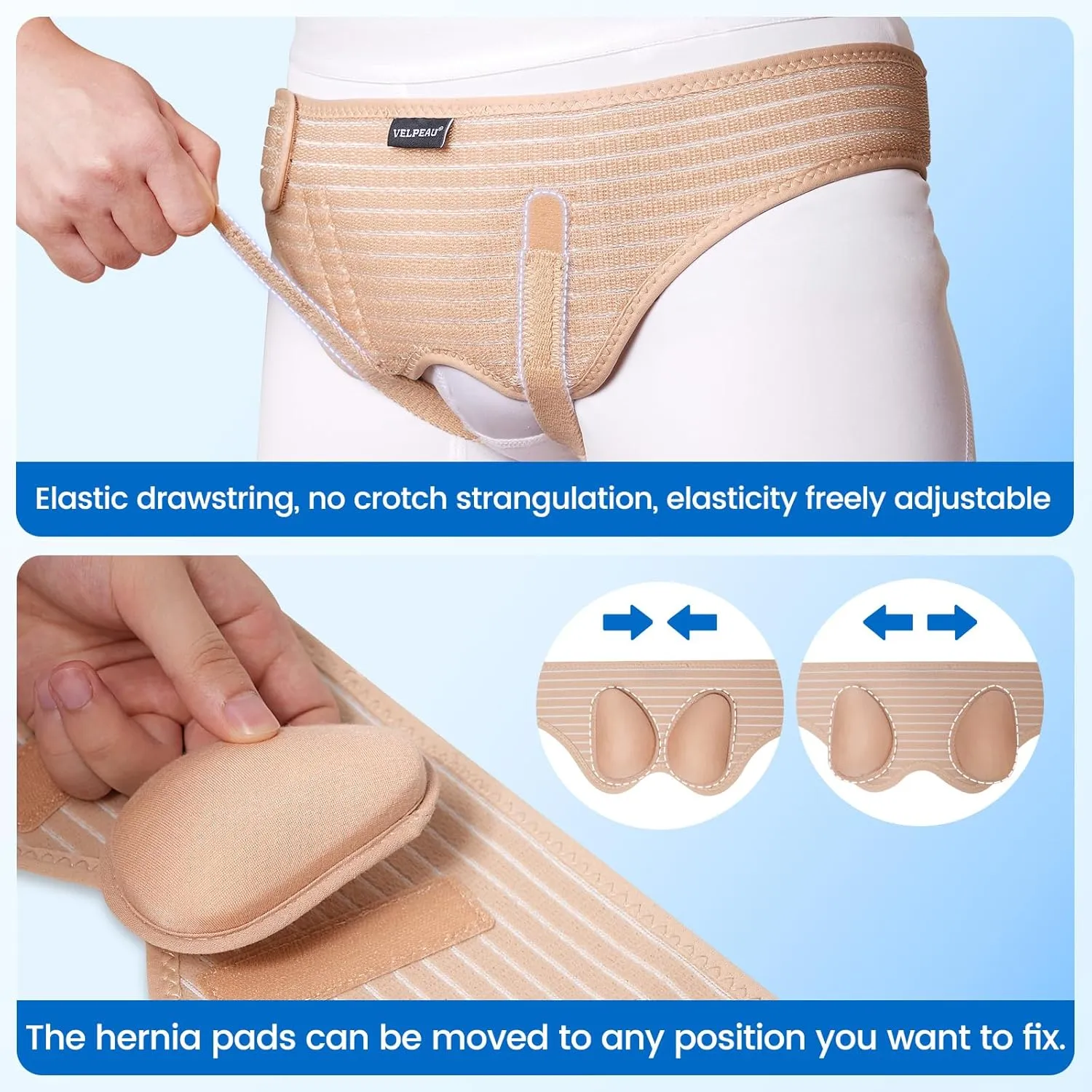 VELPEAU Hernia Belt for Men & Women - Bilateral/Double Inguinal, Groin Hernia Support Truss Underwear Briefs, Pain Relief Recovery Adjustable Strap with 2 Removable Medical Compression Pads (Khaki, S)