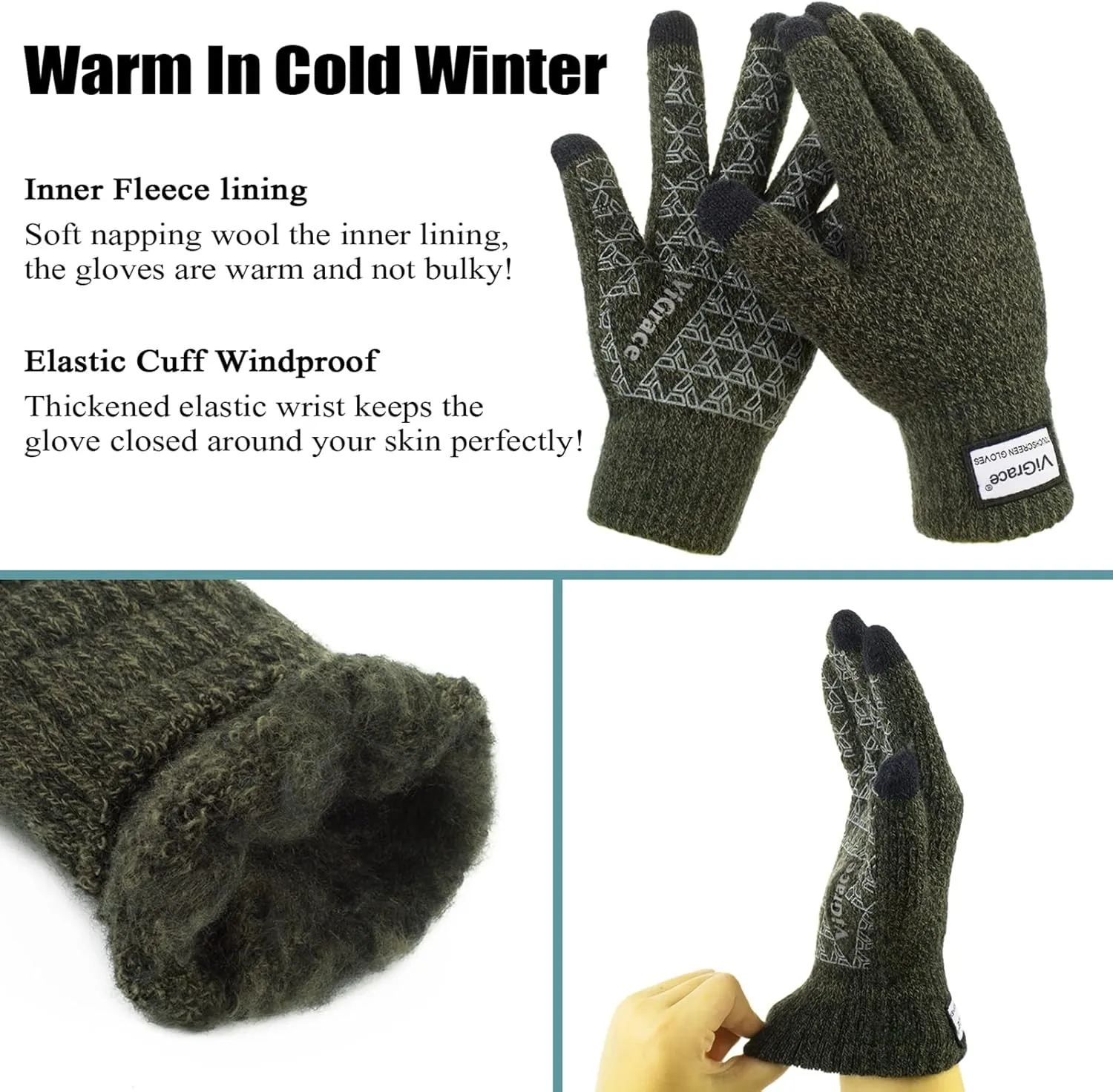 ViGrace Winter Warm Touchscreen Gloves for Men and Women Touch Screen Fleece Lined Knit Anti-Slip Wool Glove