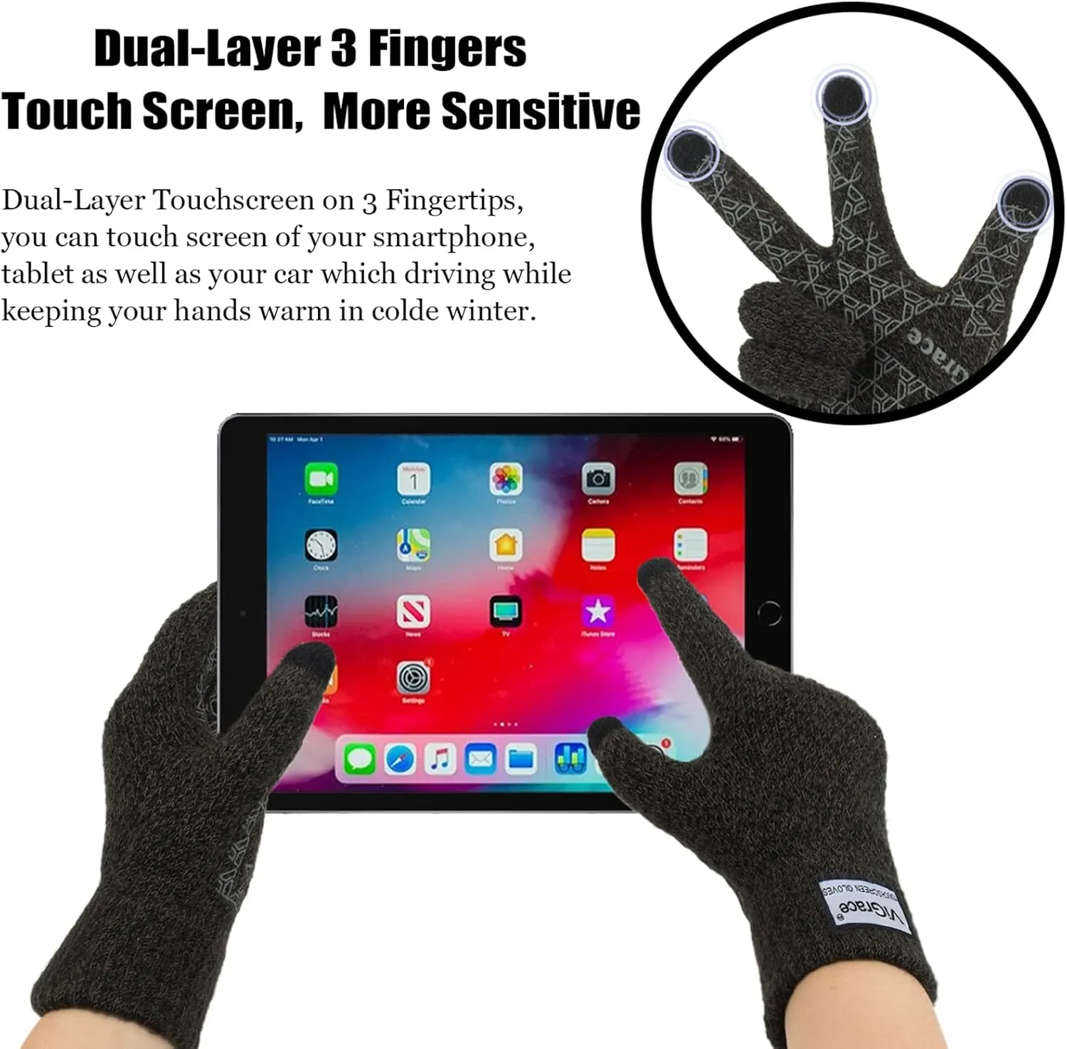 ViGrace Winter Warm Touchscreen Gloves for Men and Women Touch Screen Fleece Lined Knit Anti-Slip Wool Glove