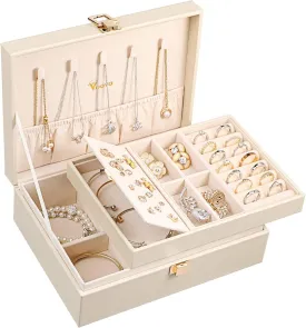 Voova Jewelry Box Organizer for Women Girls, 2 Layer Large Men Jewelry Storage Case, PU Leather Display Jewellery Holder with Removable Tray for Necklace Earrings Rings Bracelets, Vintage Gift,Apricot