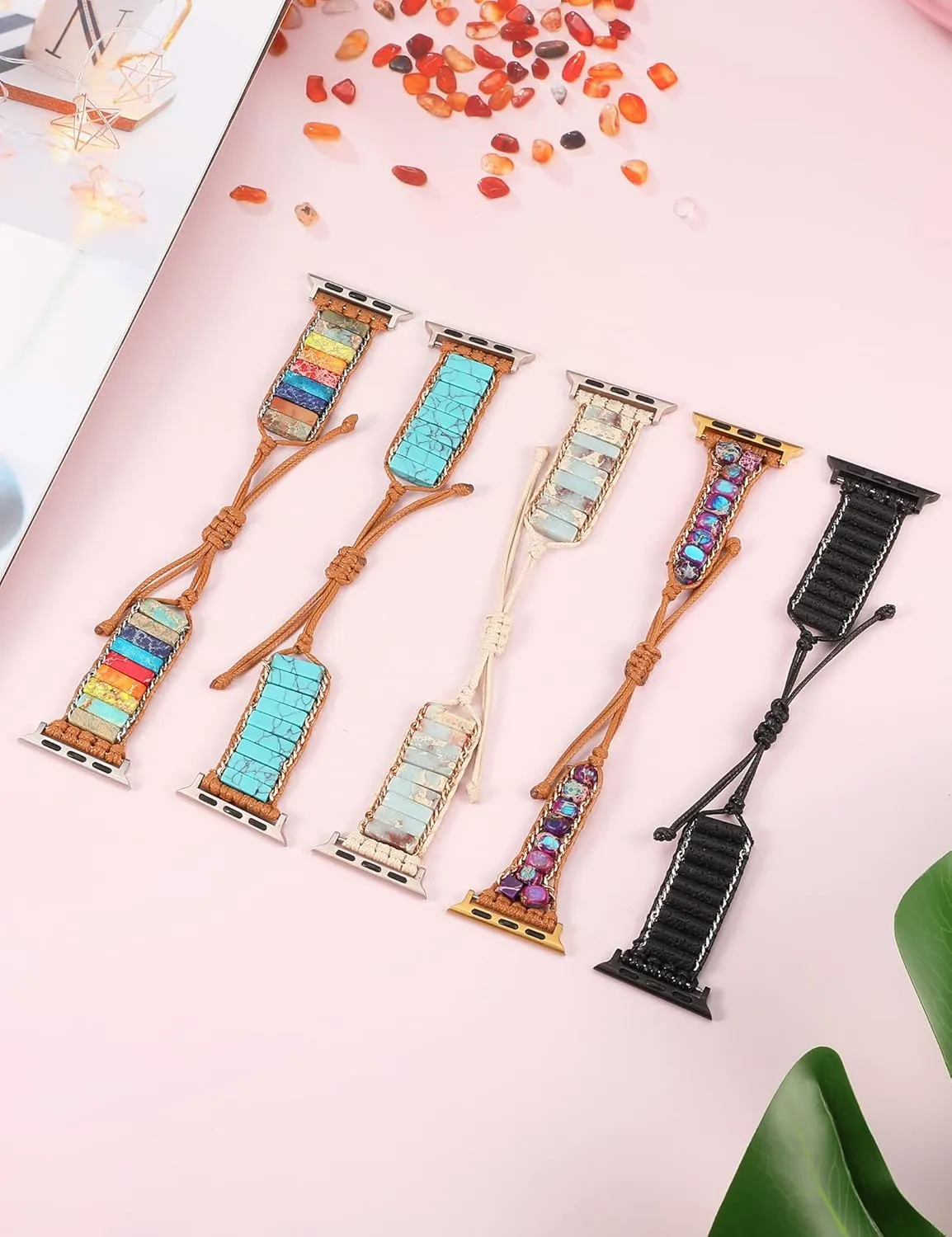 W-RARA Boho Stone Bracelet Compatible with Apple Watch Band 38/40/41/42/44/45/46/49mm Women, Handmade Natural Stone Colorful Jasper Strap for iWatch Series 10 9 8 7 6 5 4 3 2 1 SE Ultra(1/2)
